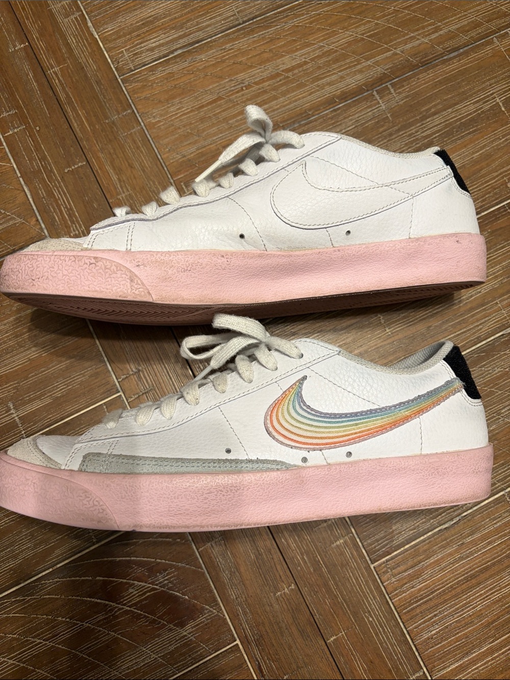 Nike Blazer Low ‘77 “be true” White Sneakers with Pink Sole and Rainbow Swoosh